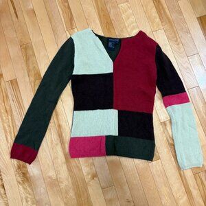 Vintage 90s 100% Wool Sweater V-neck Colour block Quilt Style y2k size small